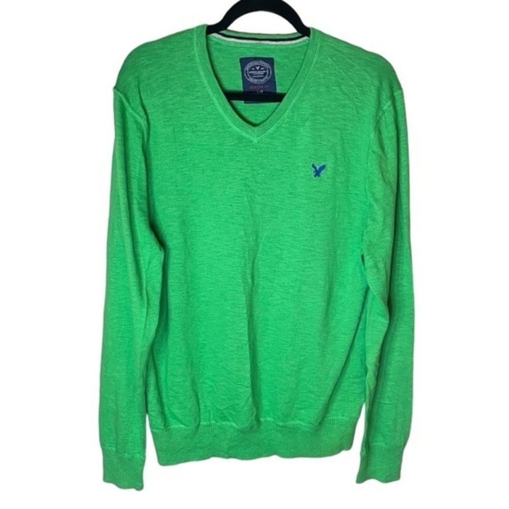 American Eagle Green V-Neck Pullover Sweater Y2K 100% Cotton Size Large
